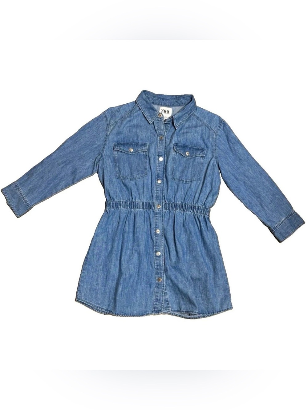Zara Denim Shirt Dress Women Large Light Blue Button Front Elastic Waist Pockets